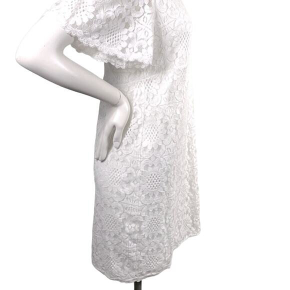 Womens DB Floral Lace Shift Dress Zip Up Lined White Sweet Flared Short Slv  12 - Picture 4 of 13